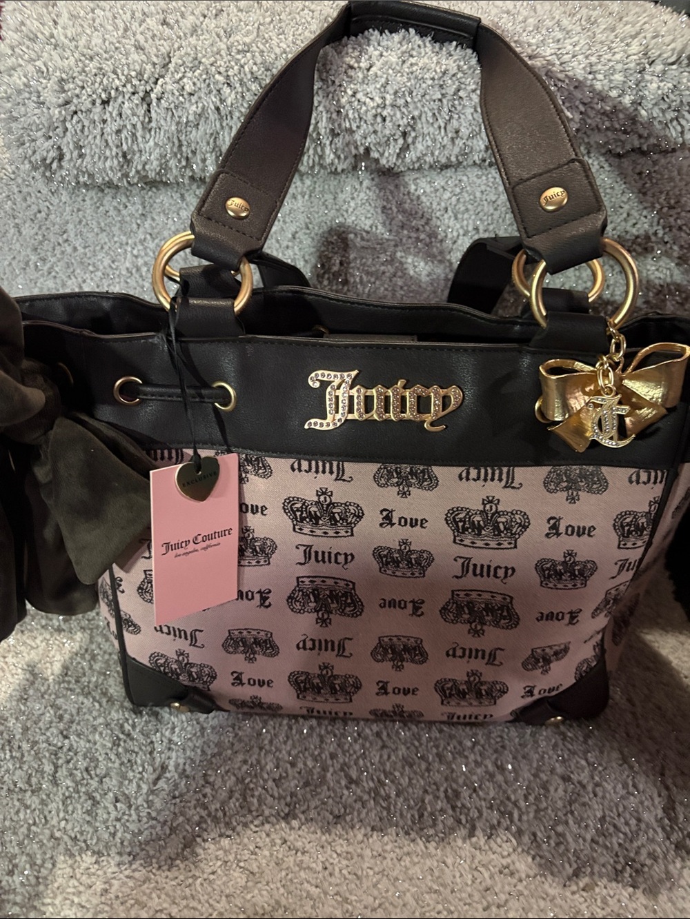 Juicy Couture Pink and Black Logo Tote with Gold Charm **EXCLUSIVE**